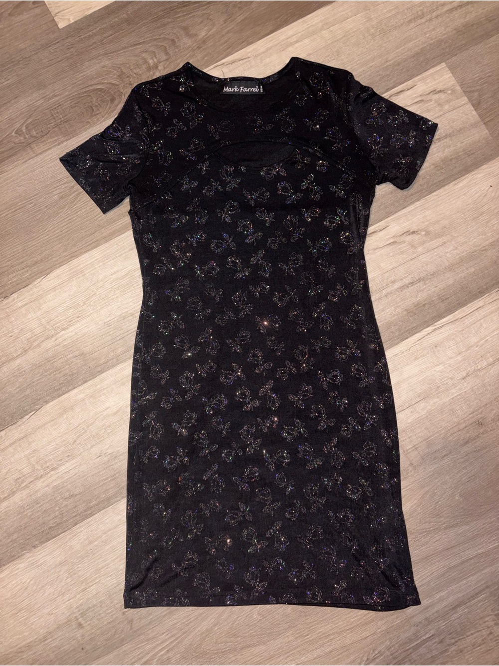Vintage 2000s Black Short Sleeve Glitter Floral Sheath Dress